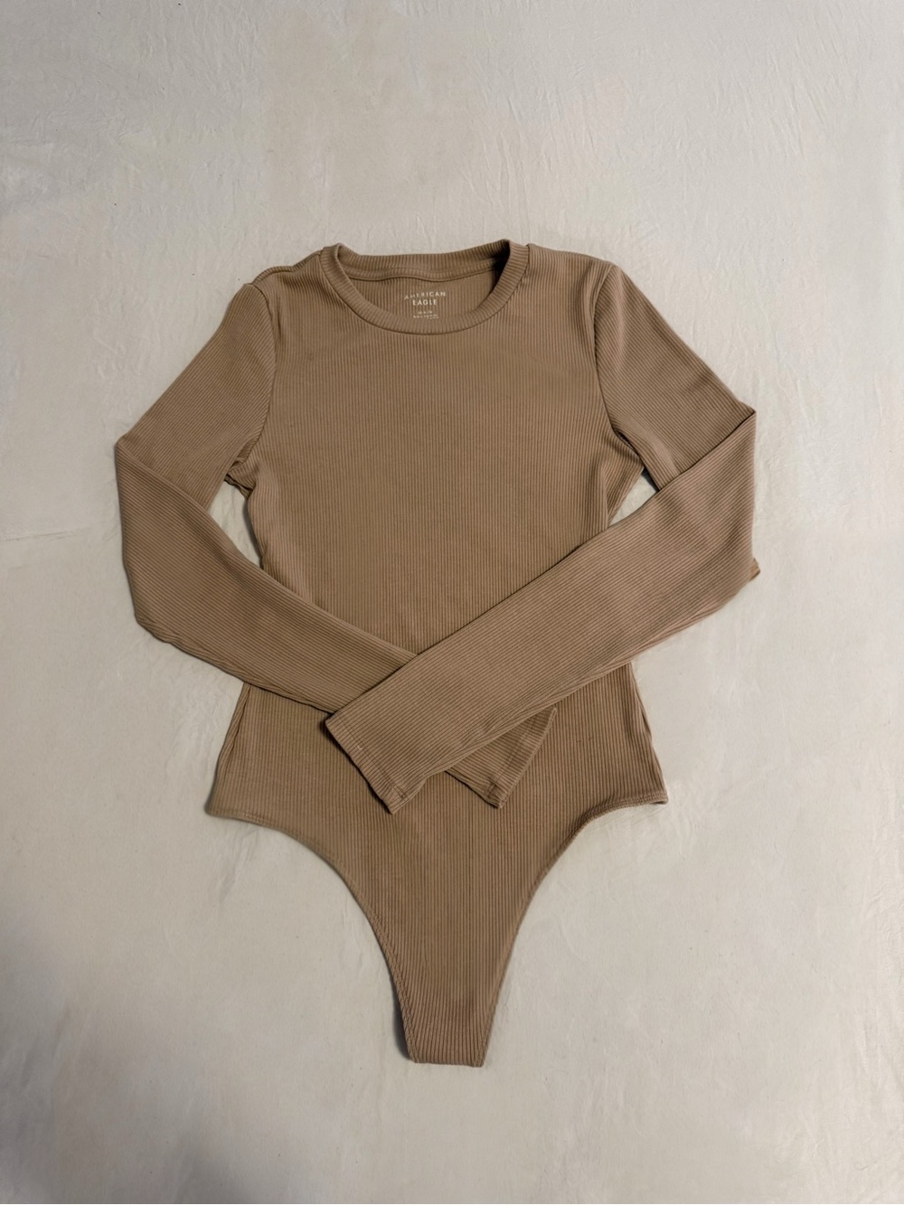 American Eagle Outfitters Ribbed Long Sleeve Bodysuit - Beige